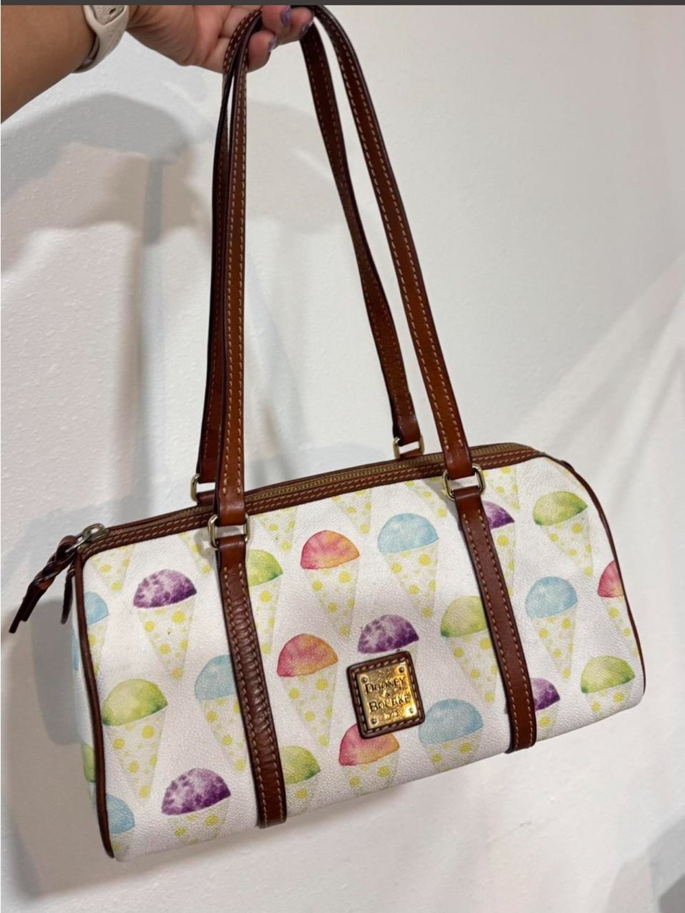 Dooney & Bourke Rare Ice Cream Print Barrel Shoulder Bag with Brown Leather Trim